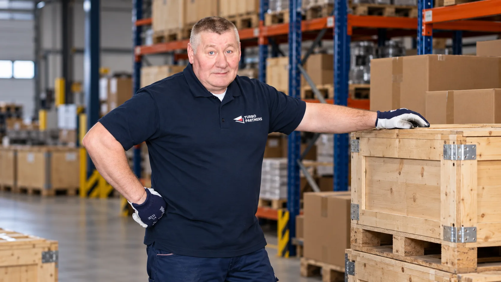 Joop Mulder, who leads the Turbo Partners team, in the warehouse leaning on a wooden crate